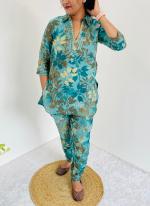 Cotton Sky Blue Casual Wear Printed Readymade Cord Set